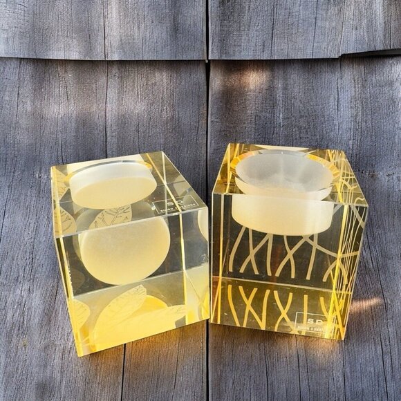 Simon Designs Yellow Crystal Glass Candle Votive Set Of 2 Leaf Design Glassware - Picture 2 of 12